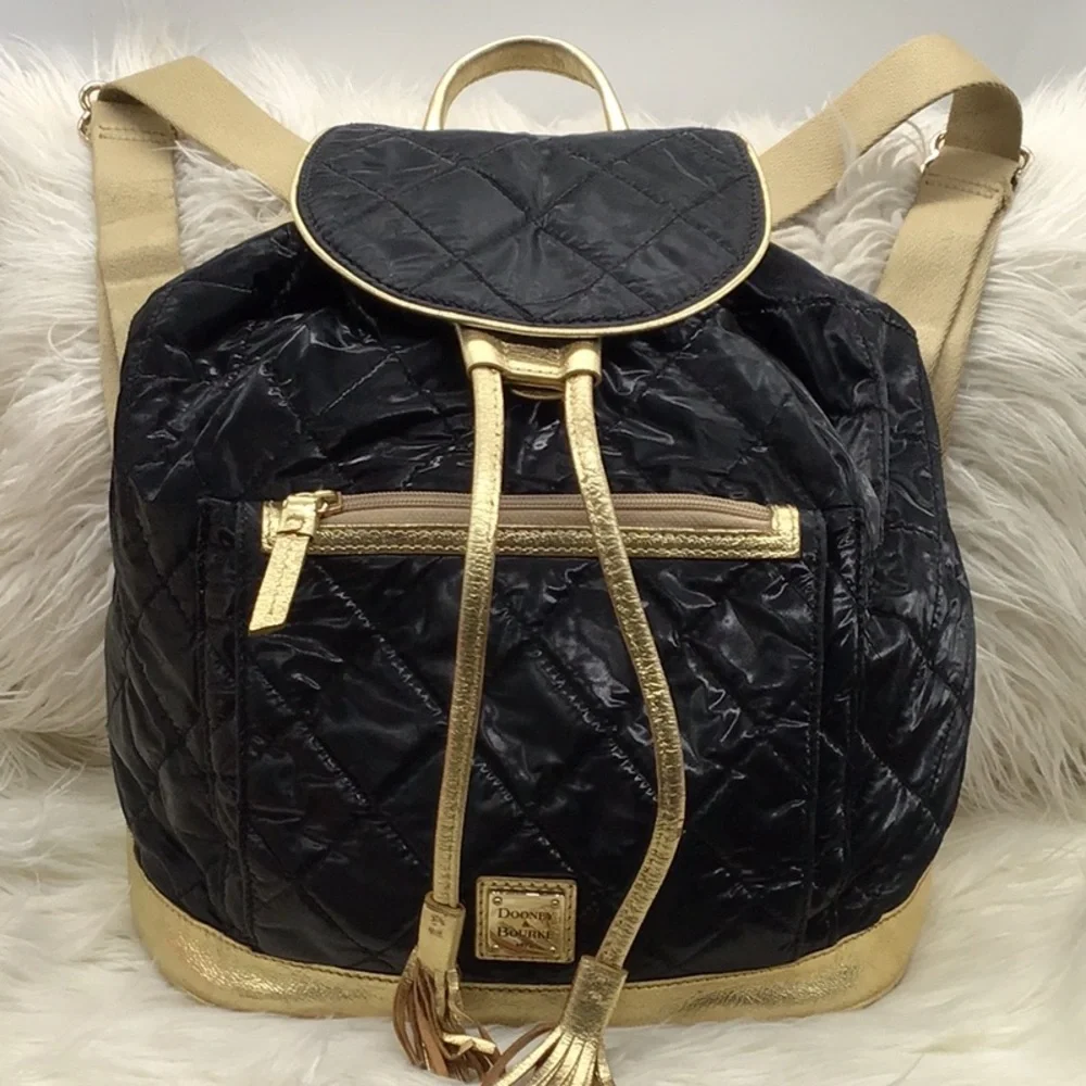 Dooney & Burke Quilted Black Gold Backpack - Picture 1 of 16